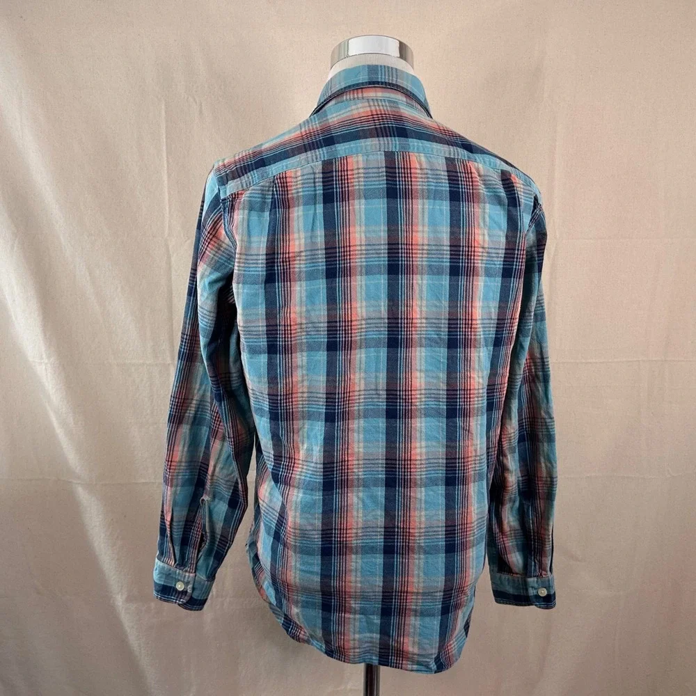 J. Crew Medium Heavyweight Flannel Shirt Blue Orange Plaid 100% Cotton Mens